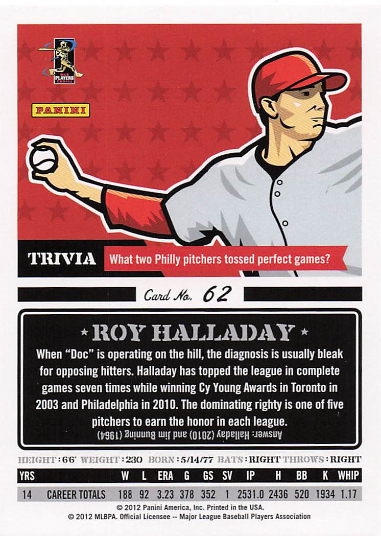 2012 Panini Triple Play Baseball Roy Halladay #62
