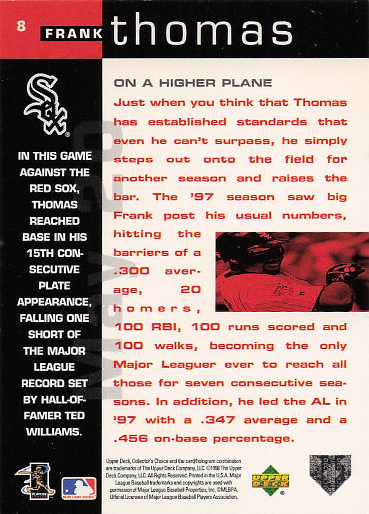 1998 Collector's Choice Baseball Cover Glory 5x7 Frank Thomas #8