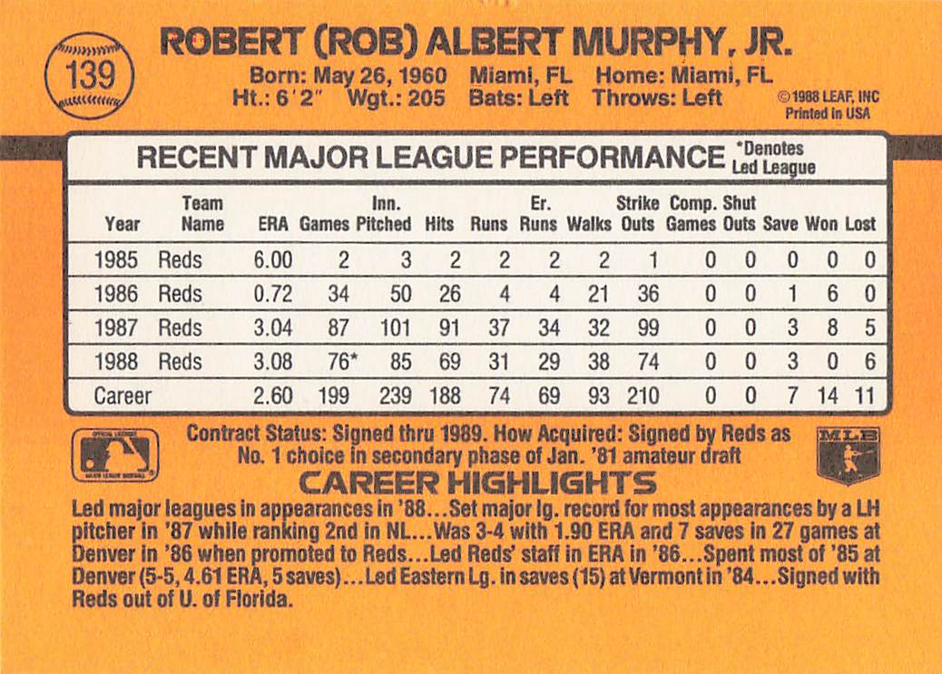 1989 Donruss Baseball Rob Murphy #139