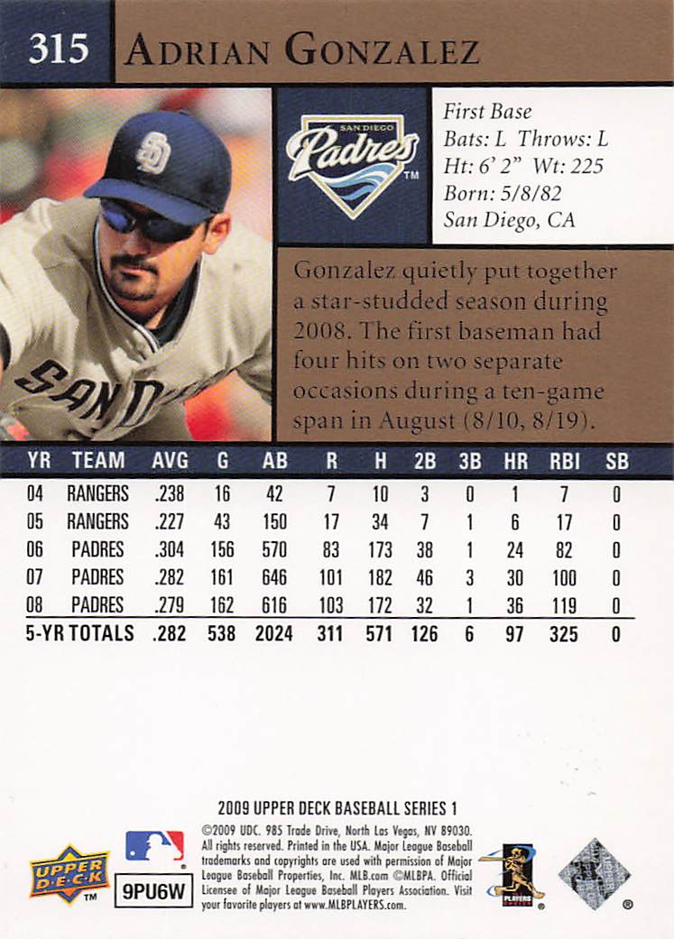 2009 Upper Deck Baseball Adrian Gonzalez #315