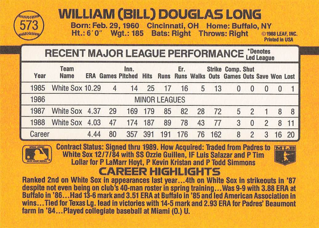 1989 Donruss Baseball Bill Long #573