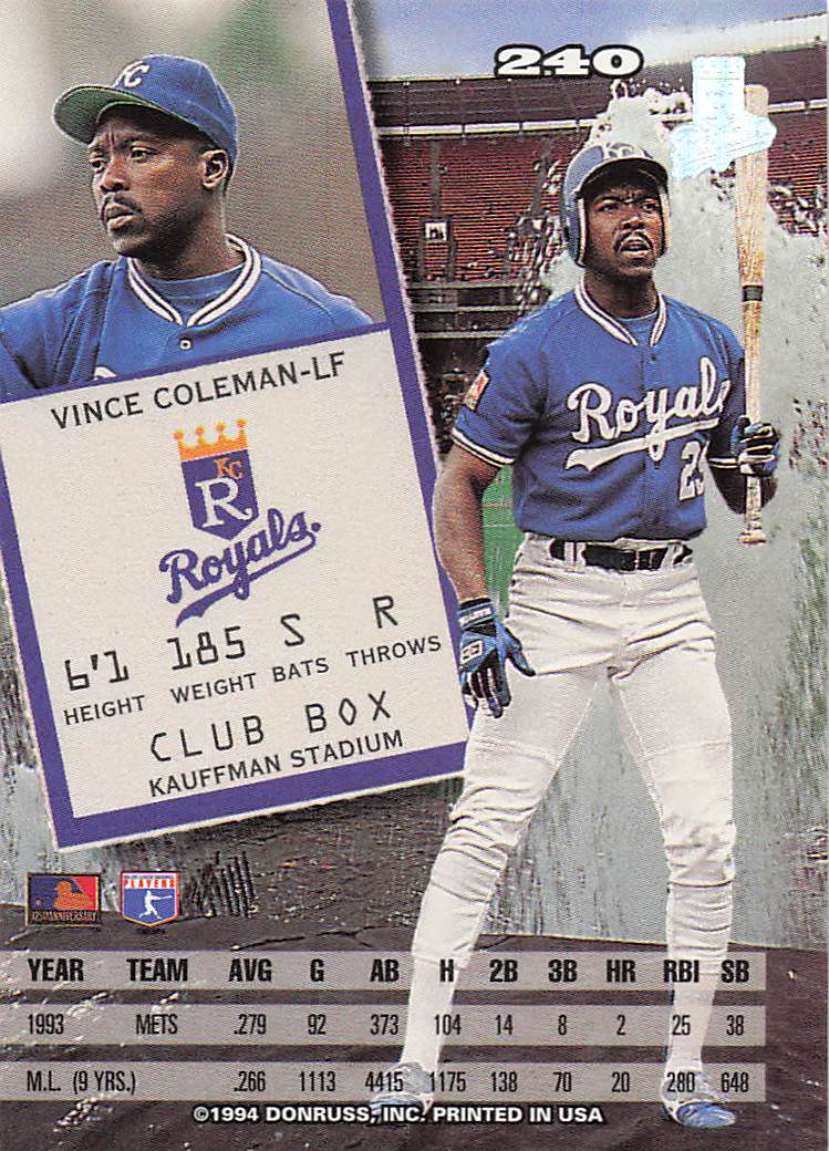 1994 Leaf Baseball Vince Coleman #240