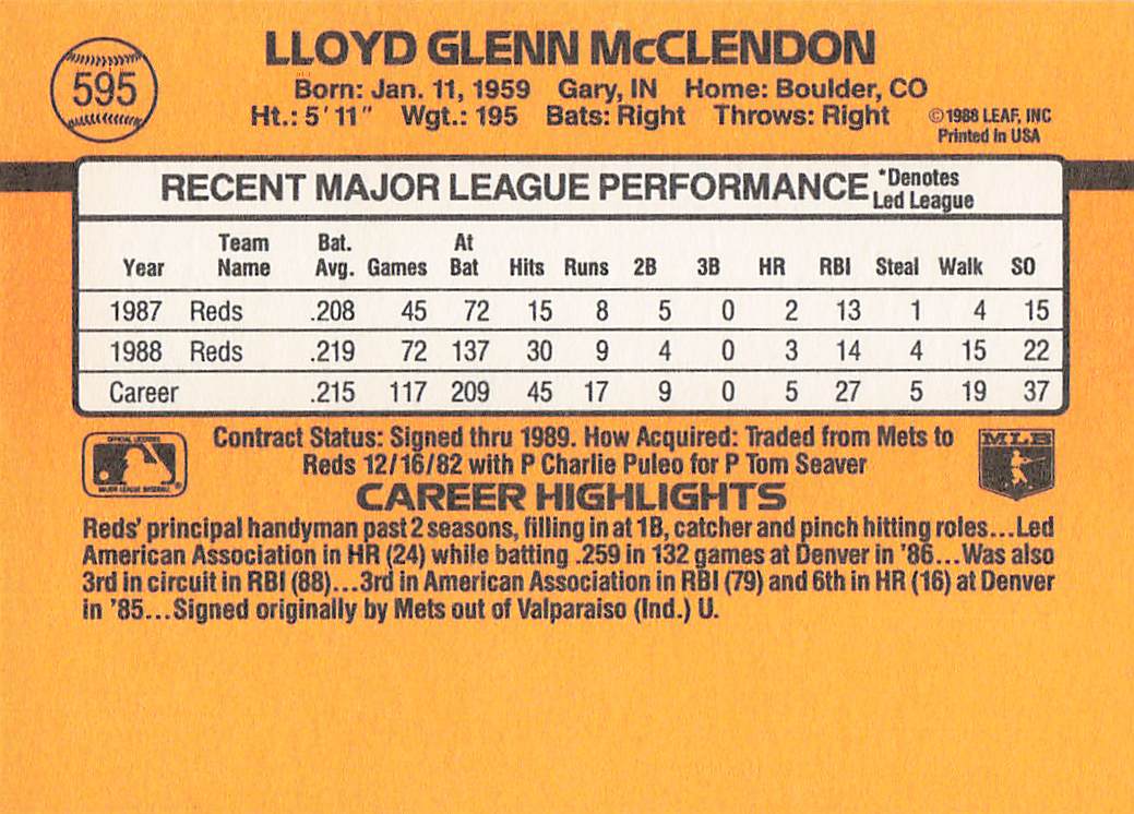 1989 Donruss Baseball Lloyd McClendon #595c