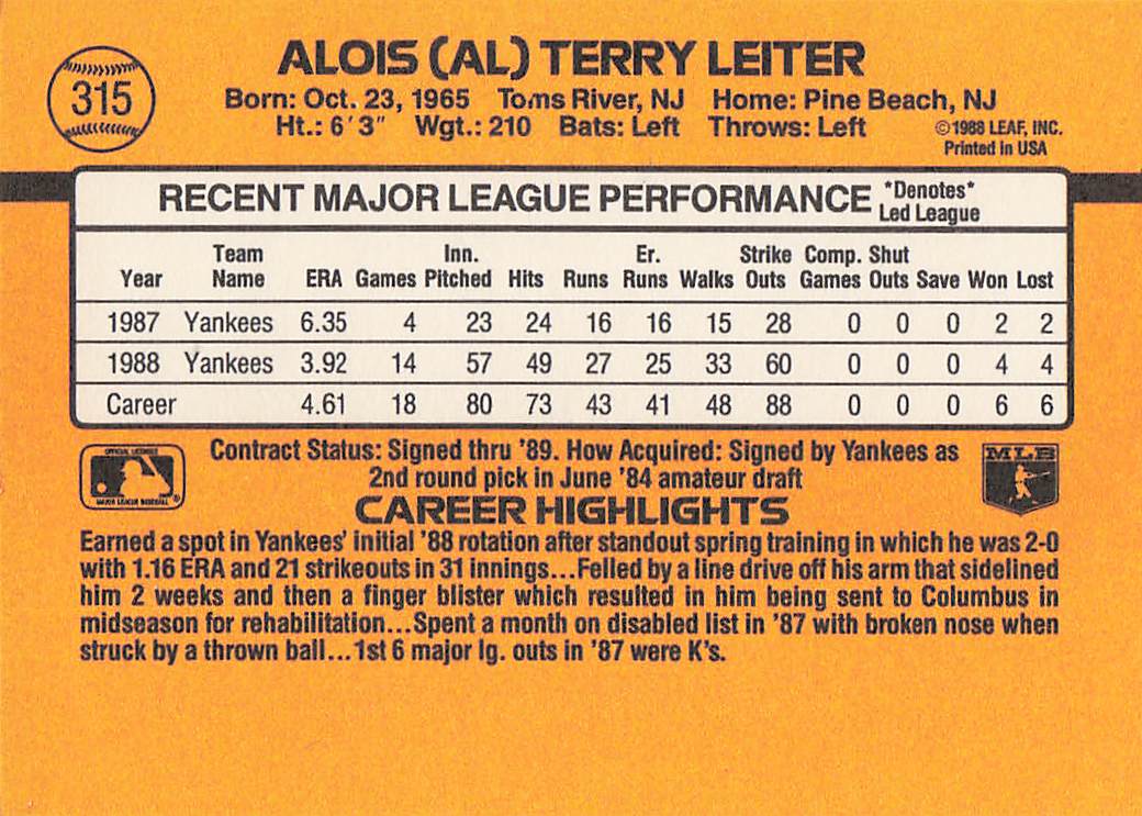 1989 Donruss Baseball Al Leiter #315