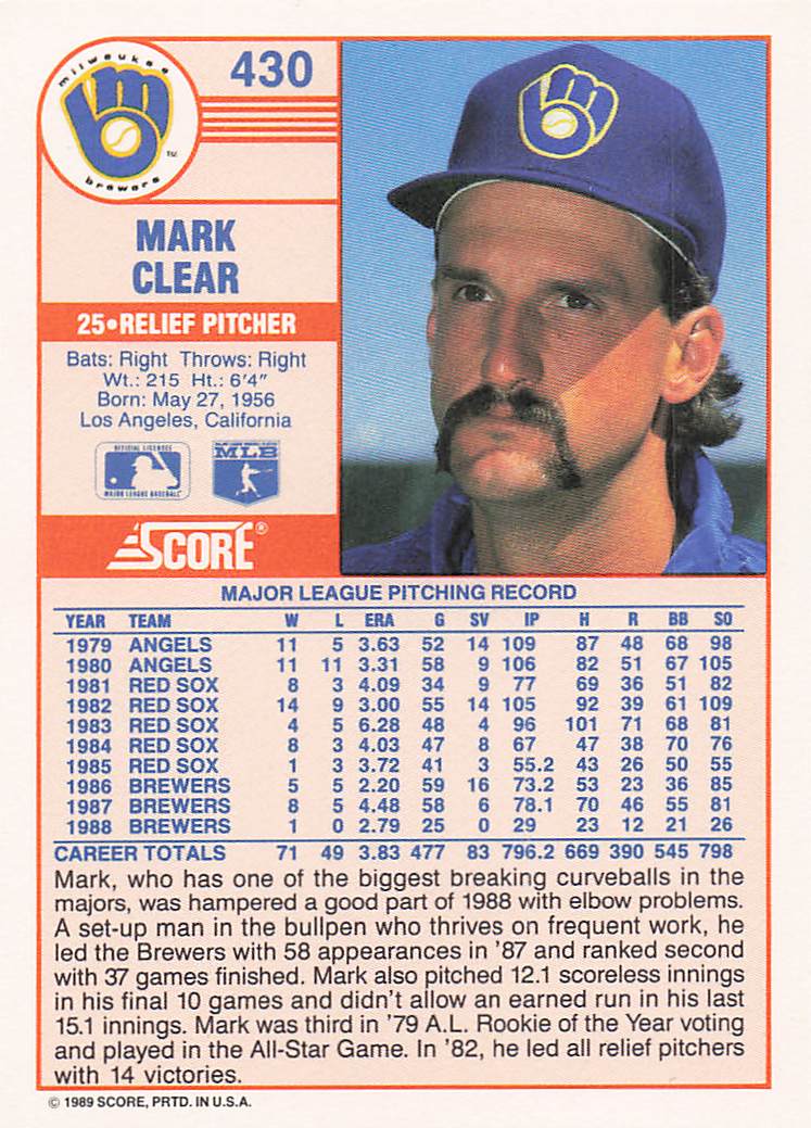 1989 Score Baseball Mark Clear #430