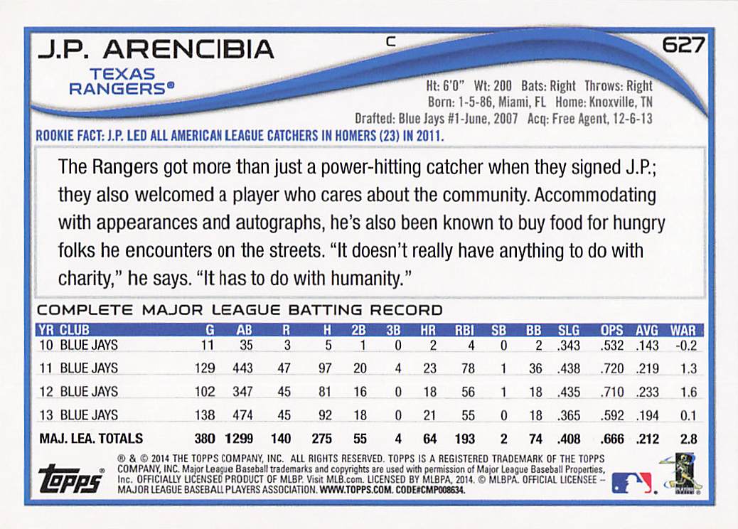 2014 Topps Baseball J.P. Arencibia #627