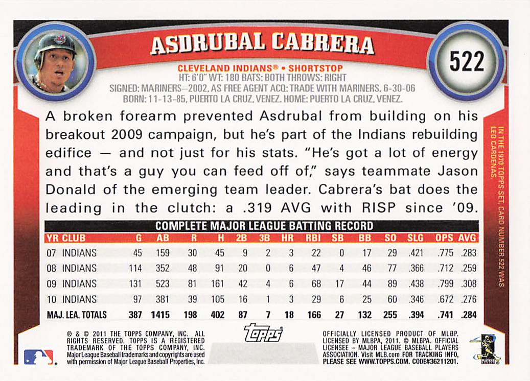 2011 Topps Baseball Asdrubal Cabrera #522