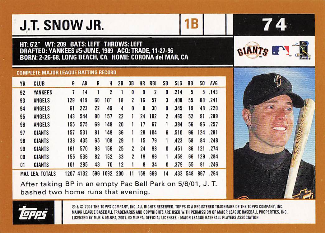 2002 Topps Baseball J.T. Snow Jr. #74