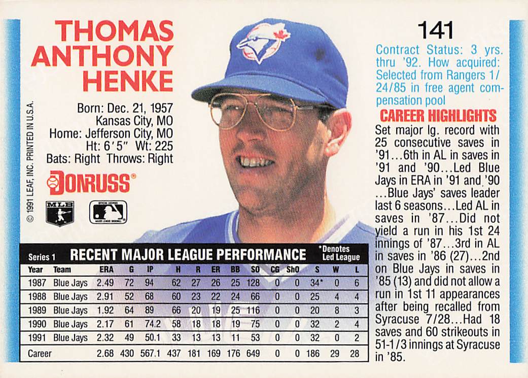 1992 Donruss Baseball Tom Henke #141
