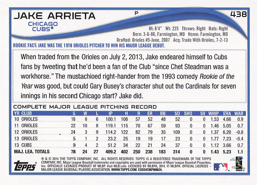 2014 Topps Baseball Jake Arrieta #438