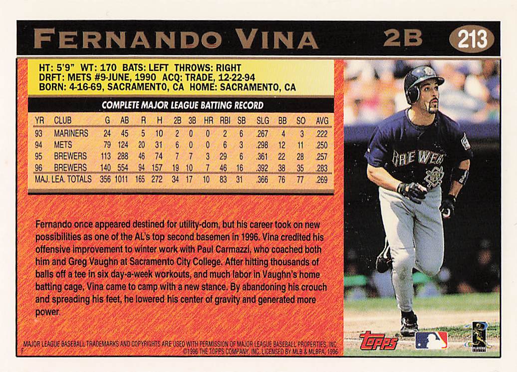 1997 Topps Baseball Fernando Vina #213