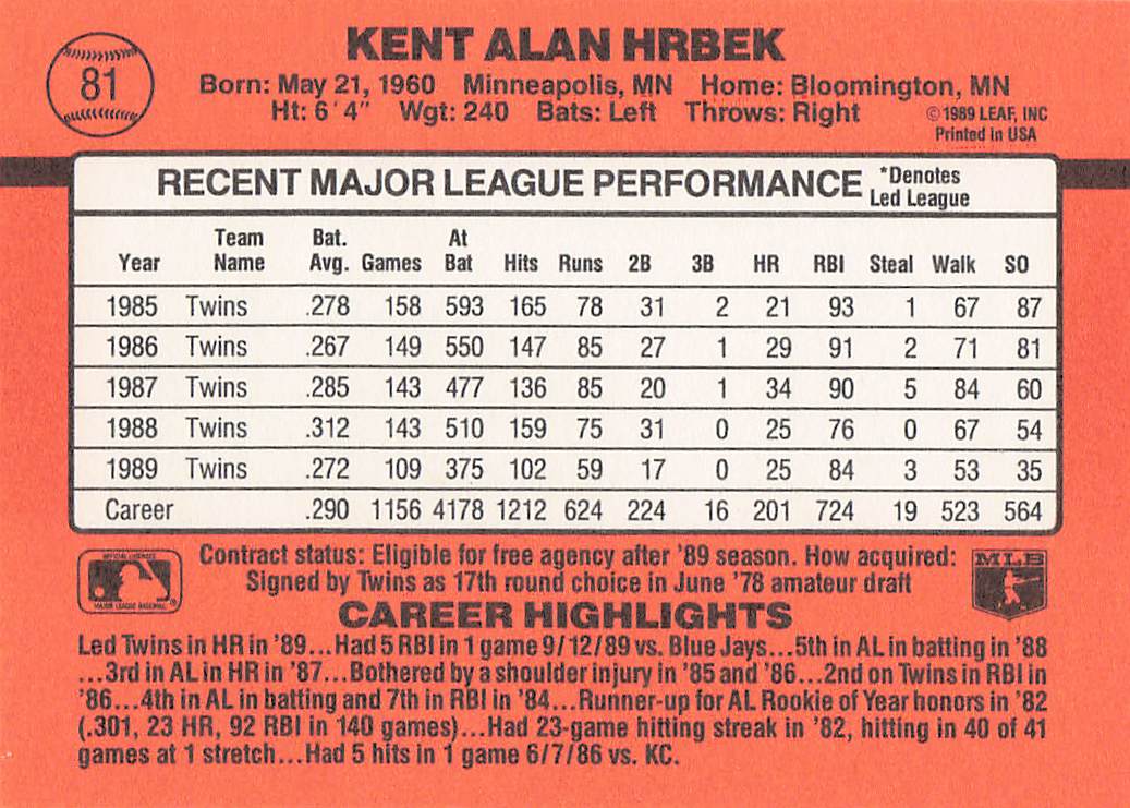 1990 Donruss Baseball Kent Hrbek #81c