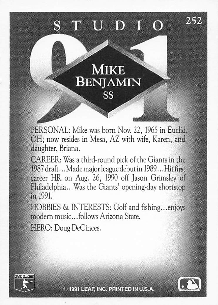 1991 Studio Baseball Mike Benjamin #252