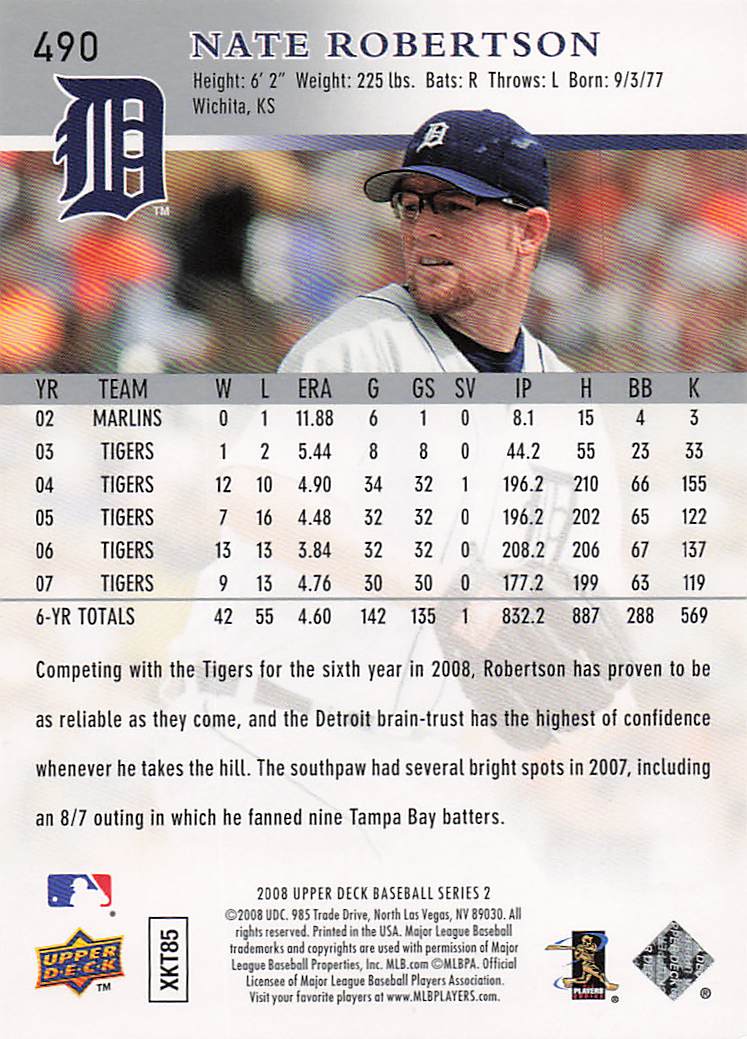 2008 Upper Deck Baseball Nate Robertson #490