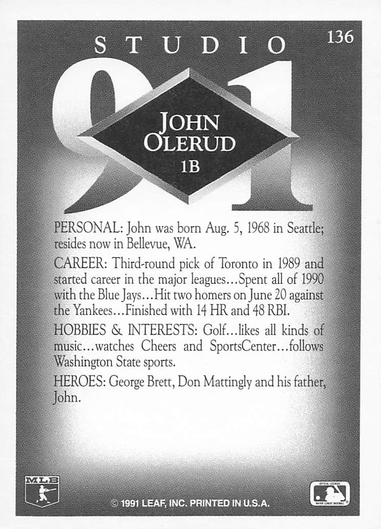 1991 Studio Baseball John Olerud #136