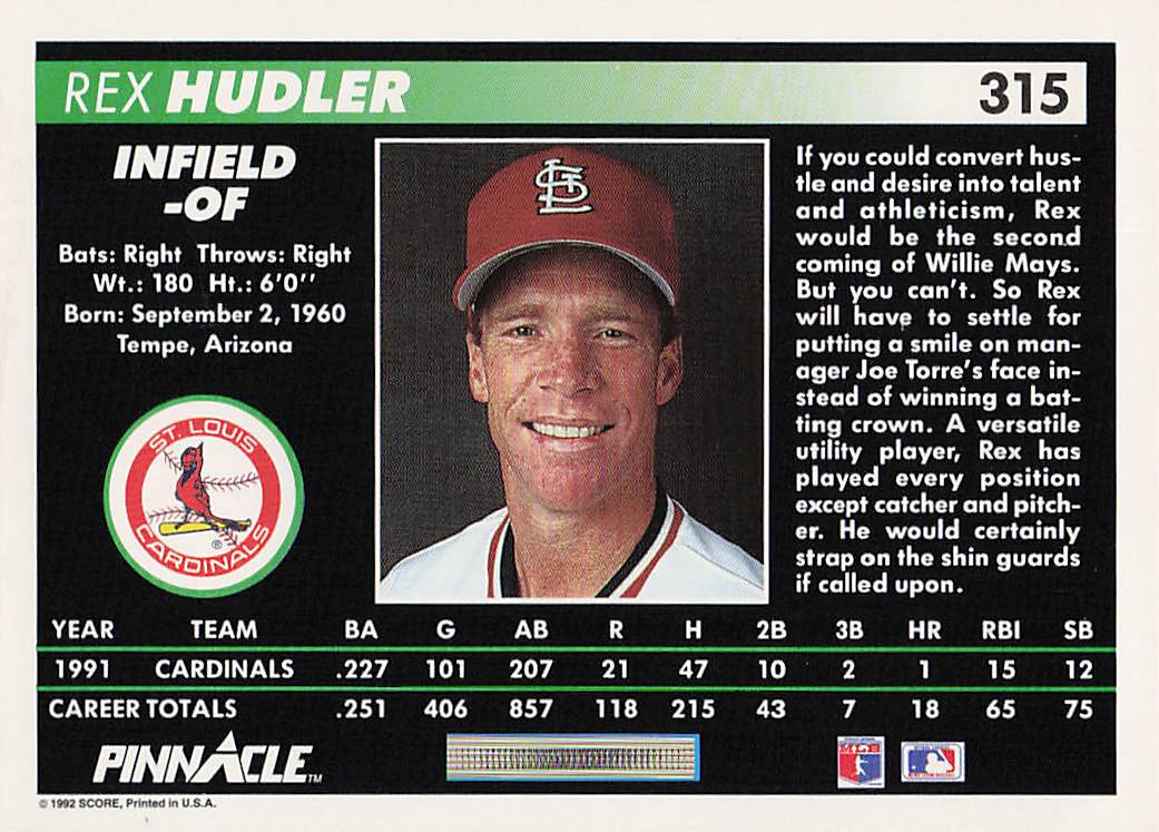 1992 Pinnacle Baseball Rex Hudler #315