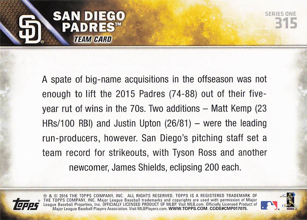 2016 Topps Baseball San Diego Padres #315