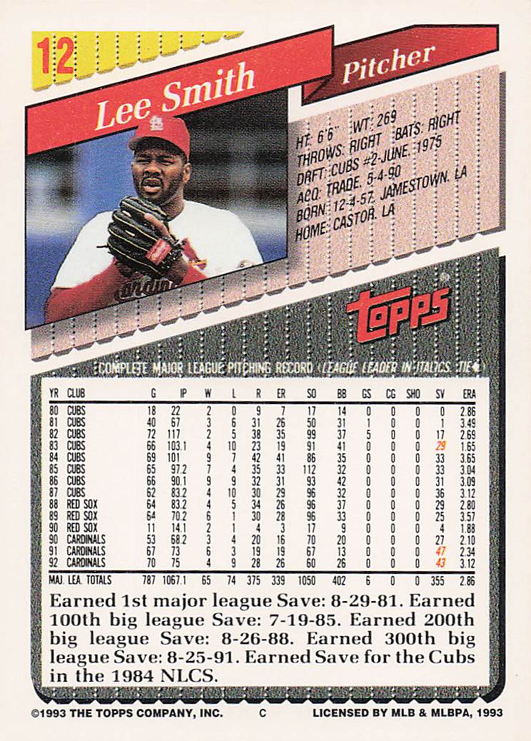 1993 Topps Baseball Lee Smith #12