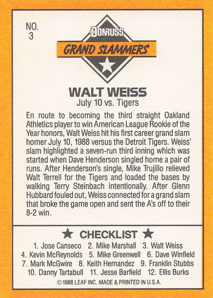 1989 Donruss Baseball Grand Slammers Walt Weiss #3