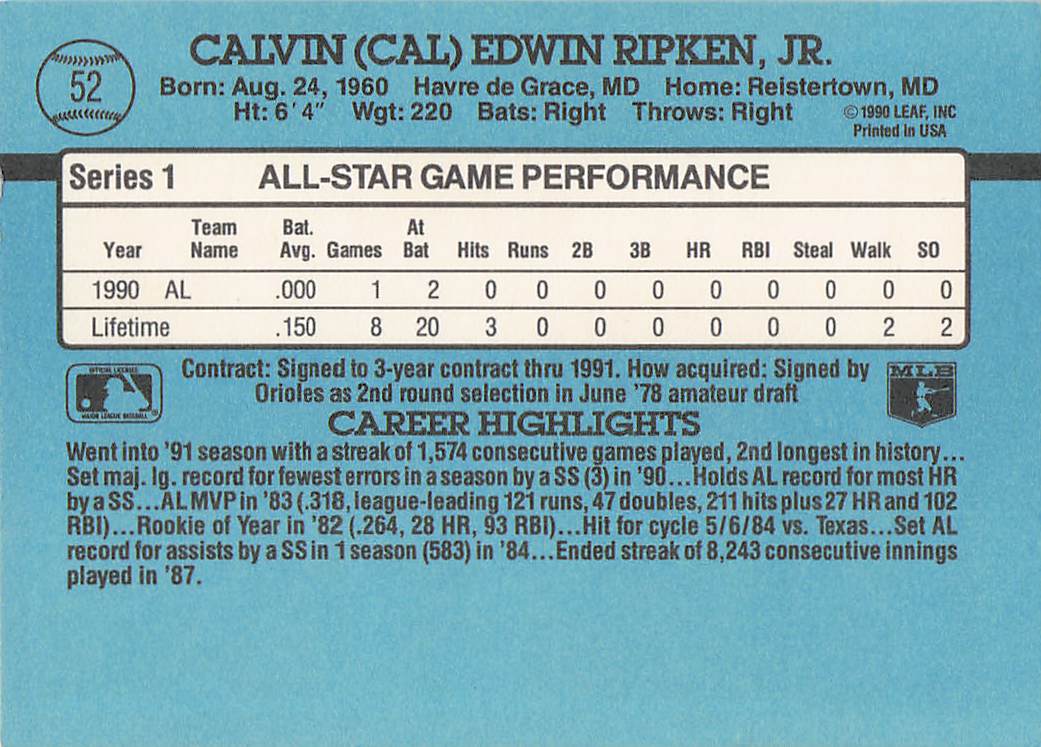 1991 Donruss Baseball Cal Ripken #52b