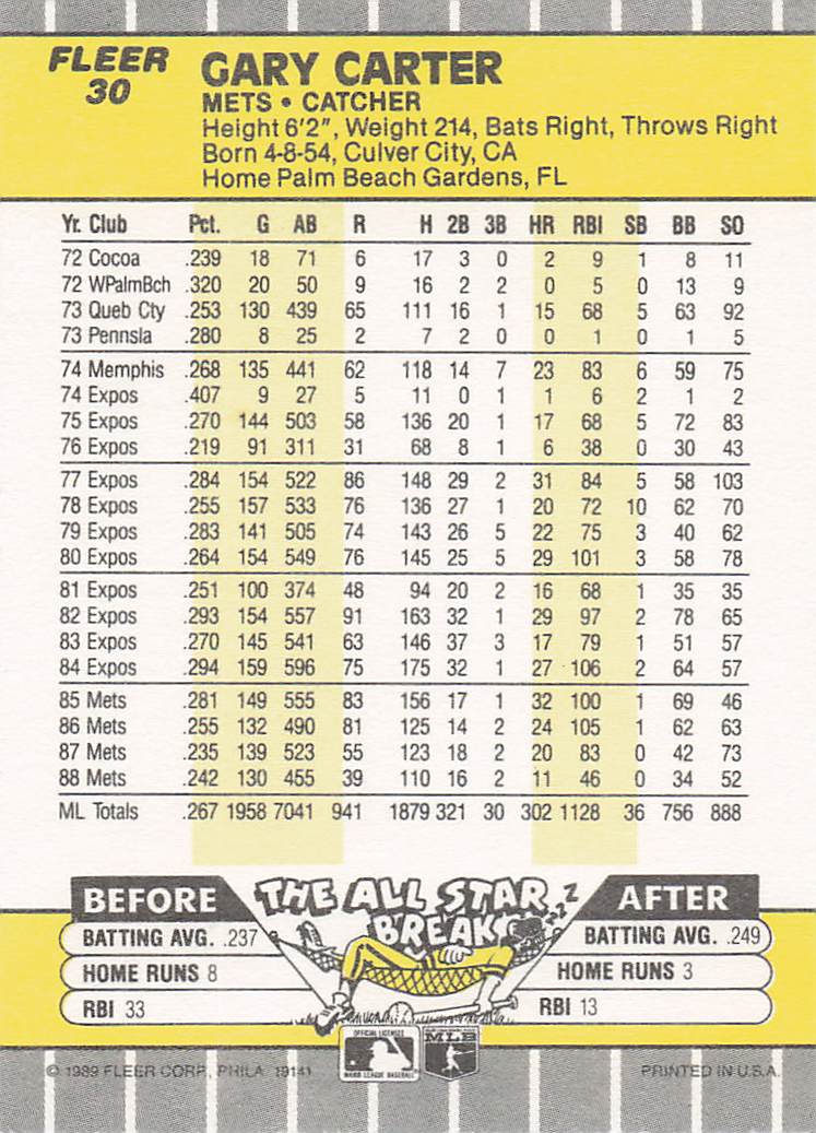 1989 Fleer Baseball Gary Carter #30