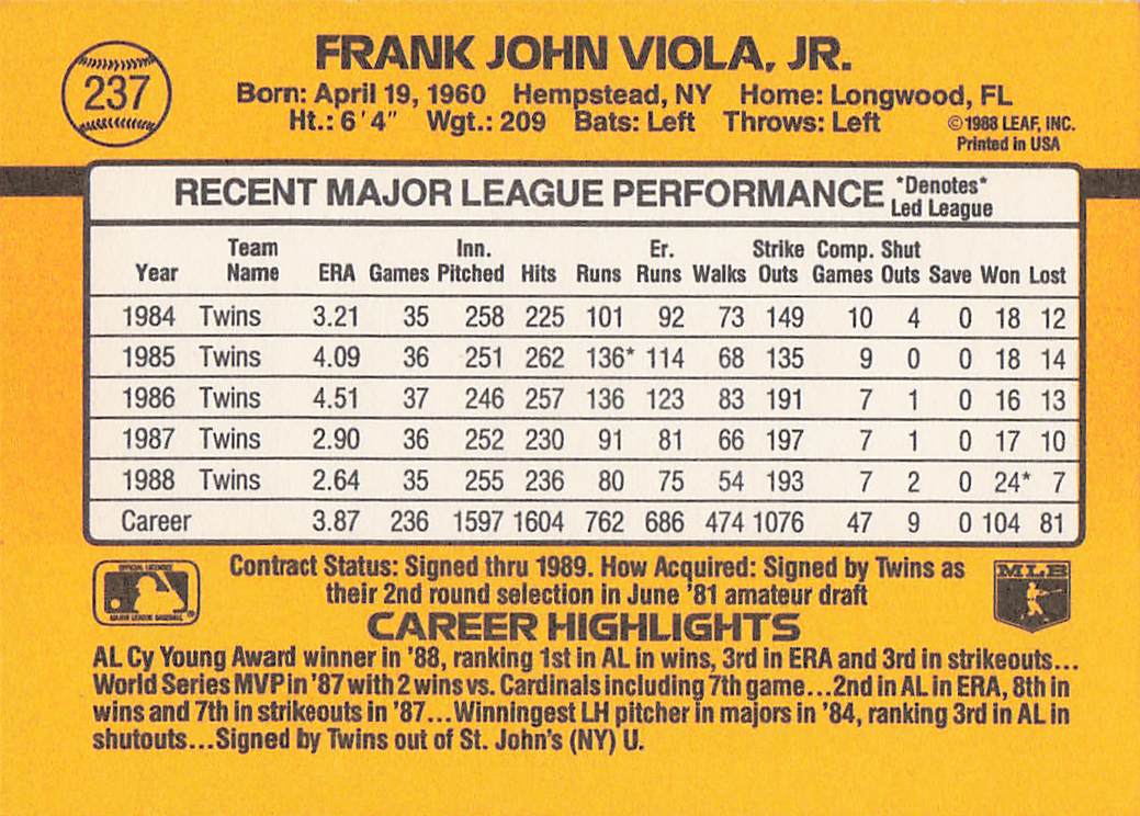 1989 Donruss Baseball Frank Viola #237