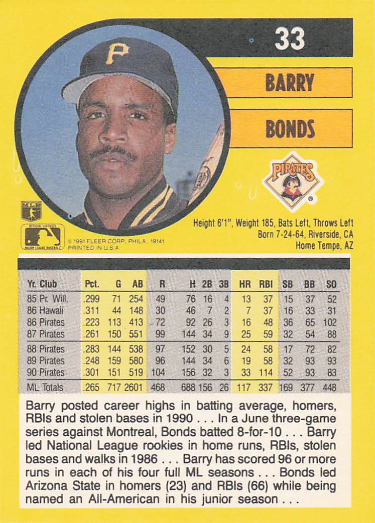 1991 Fleer Baseball Barry Bonds #33