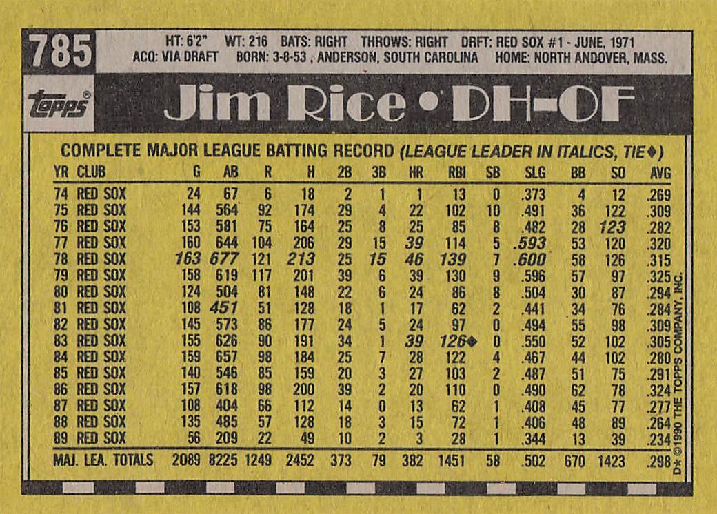 1990 Topps Baseball Jim Rice #785