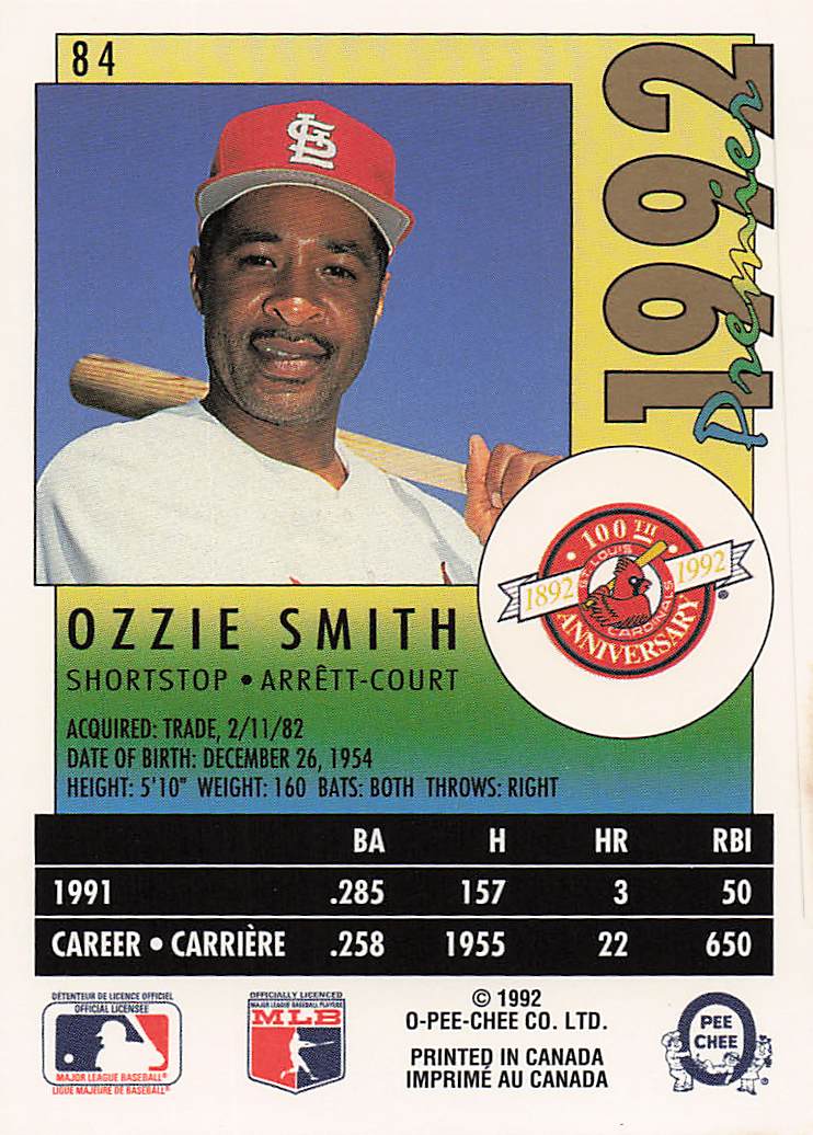 1992 O-Pee-Chee Premier Baseball Ozzie Smith #84