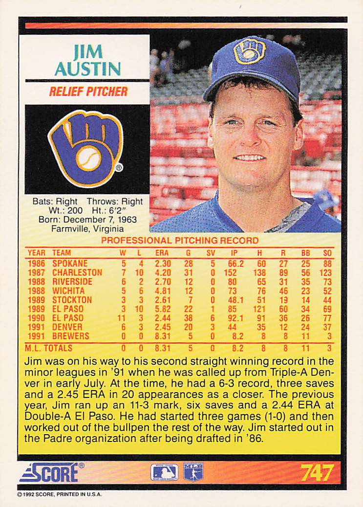 1992 Score Baseball Jim Austin #747a Rookie