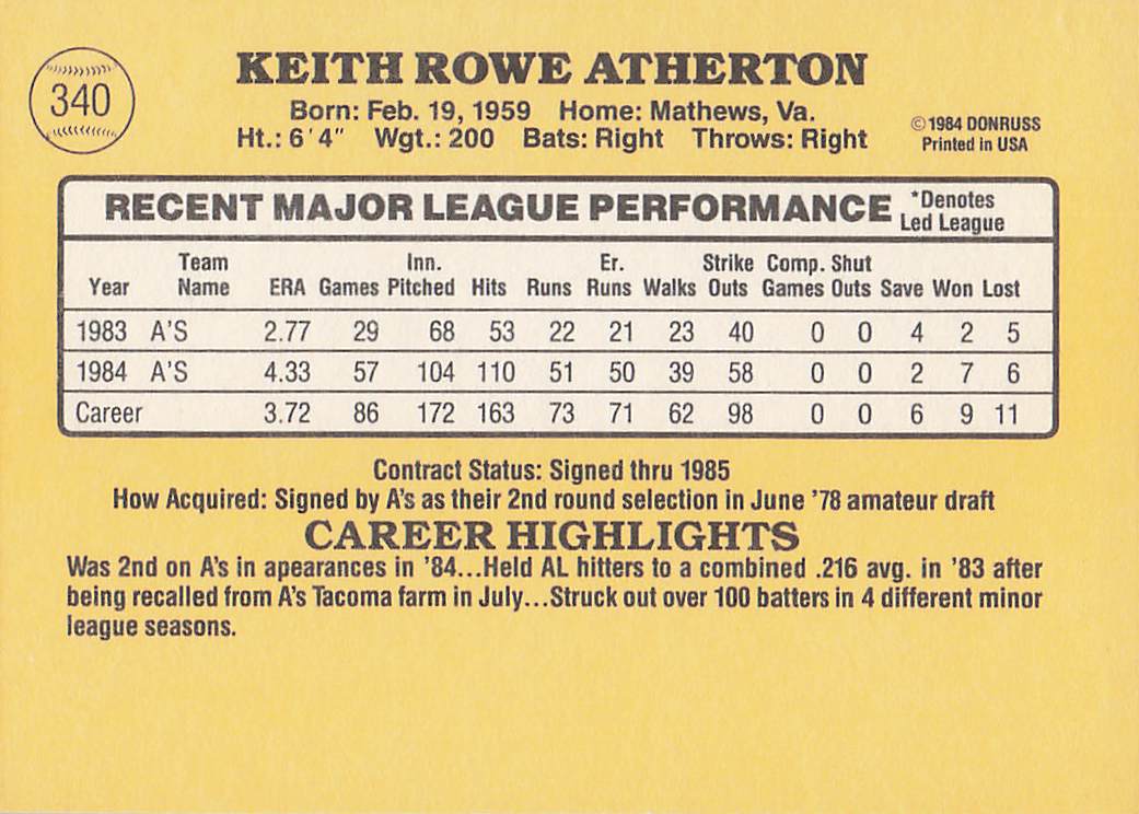 1985 Donruss Baseball Keith Atherton #340