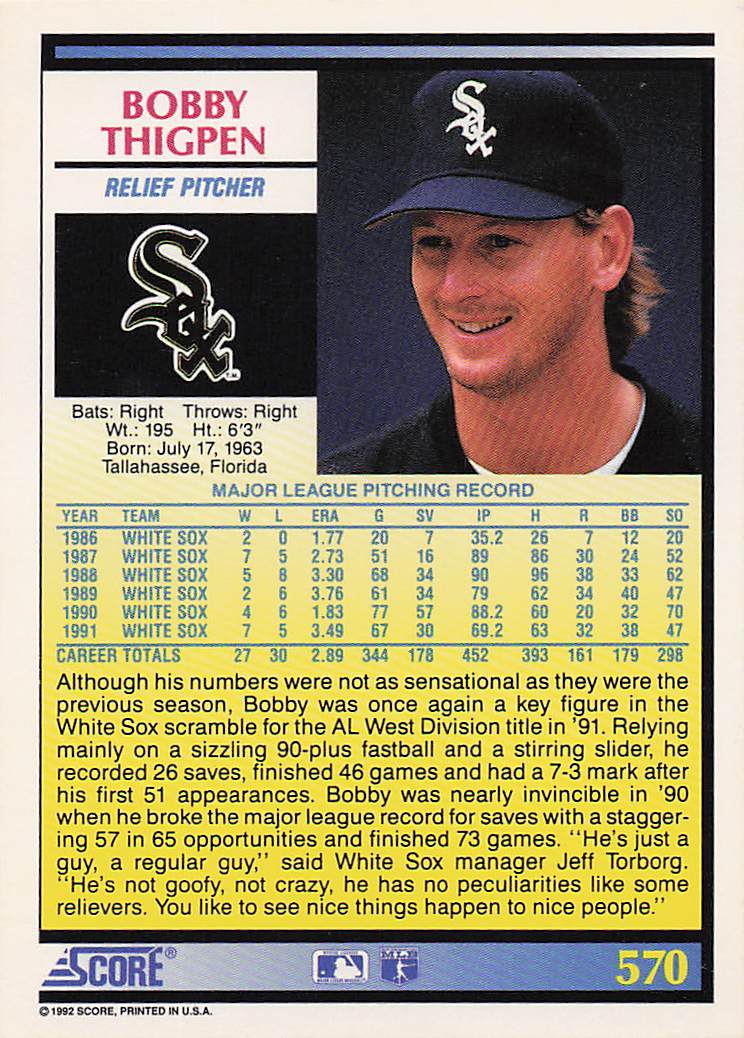 1992 Score Baseball Bobby Thigpen #570
