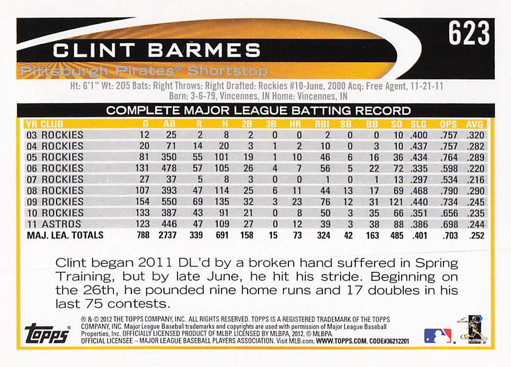 2012 Topps Baseball Clint Barmes #623