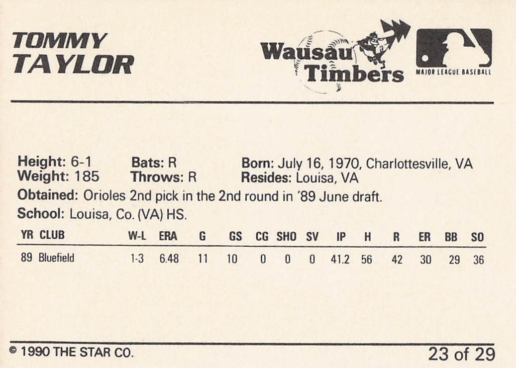 1990 Star Wausau Timbers Baseball Tommy Taylor #23
