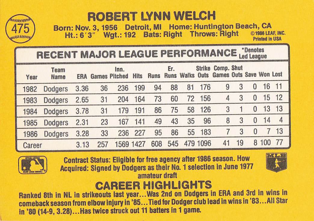 1987 Donruss Baseball Bob Welch #475