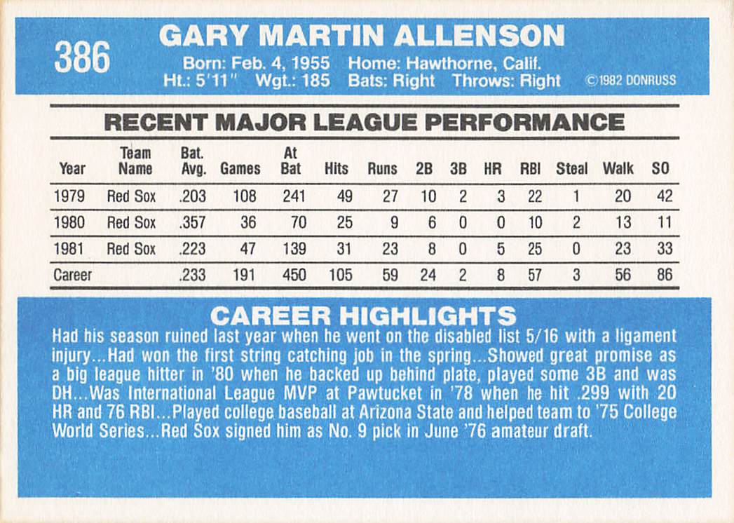 1982 Donruss Baseball Gary Allenson #386