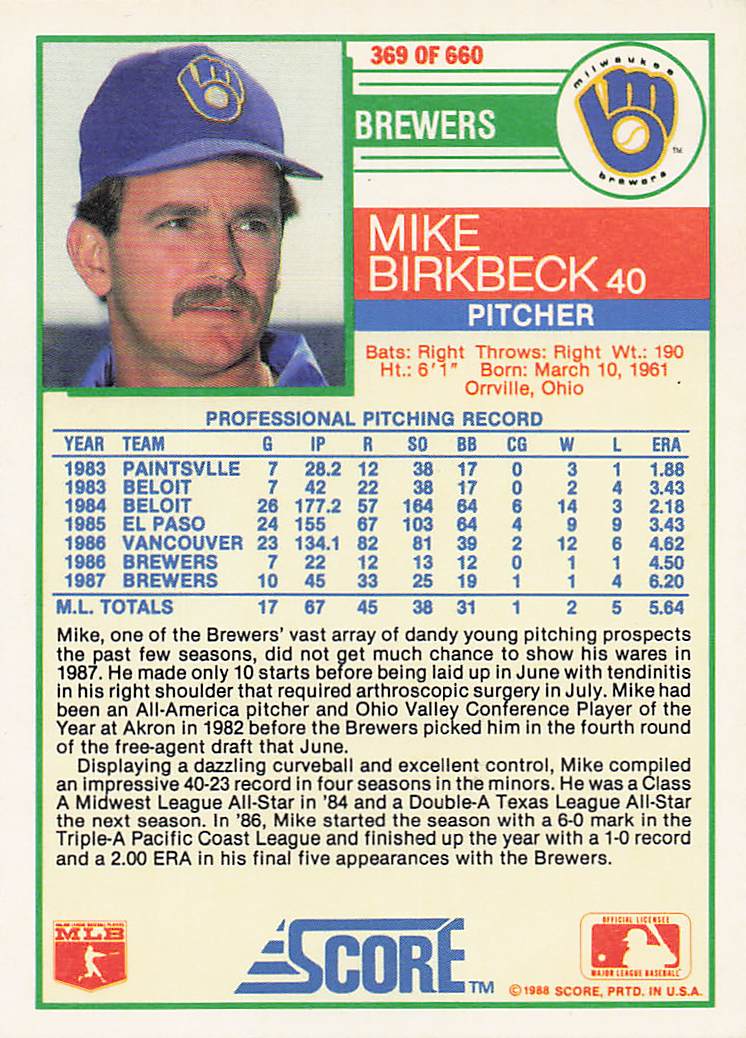 1988 Score Baseball Mike Birkbeck #369