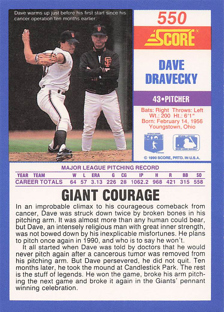 1990 Score Baseball Dave Dravecky #550