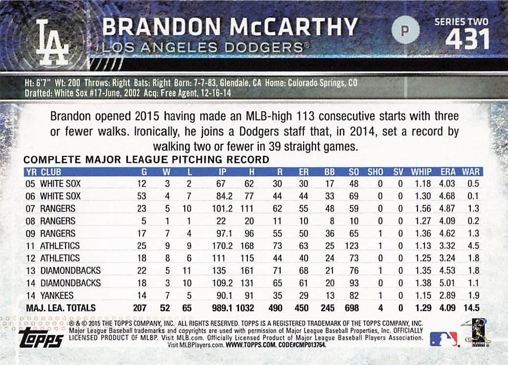 2015 Topps Baseball Brandon McCarthy #431