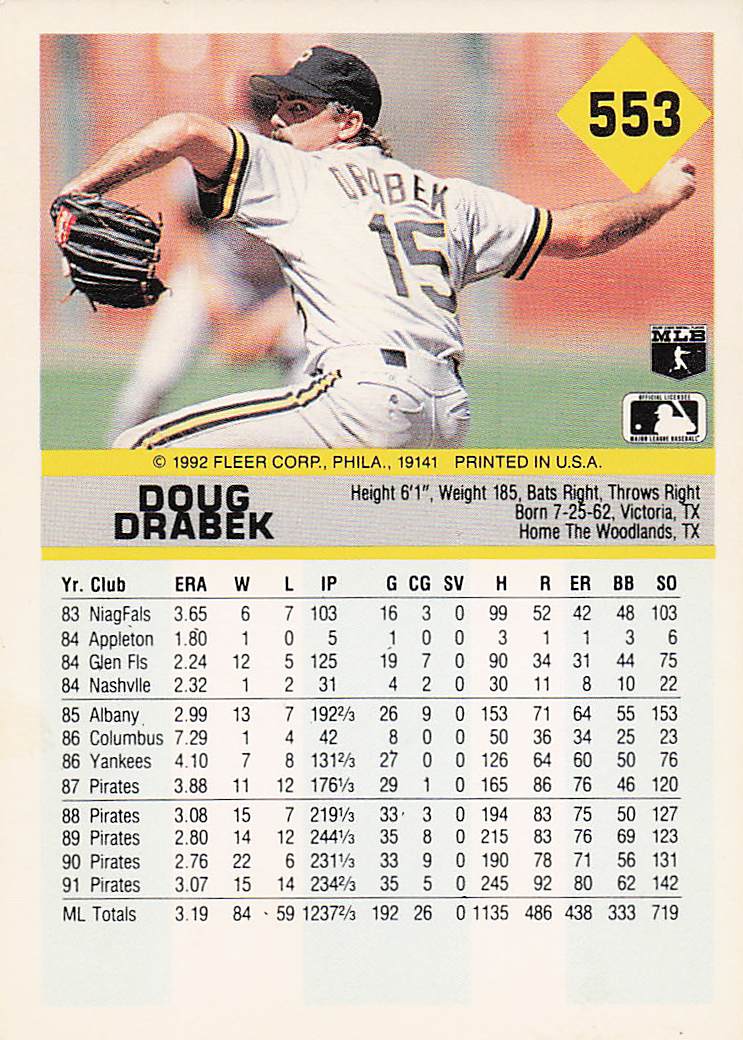 1992 Fleer Baseball Doug Drabek #553