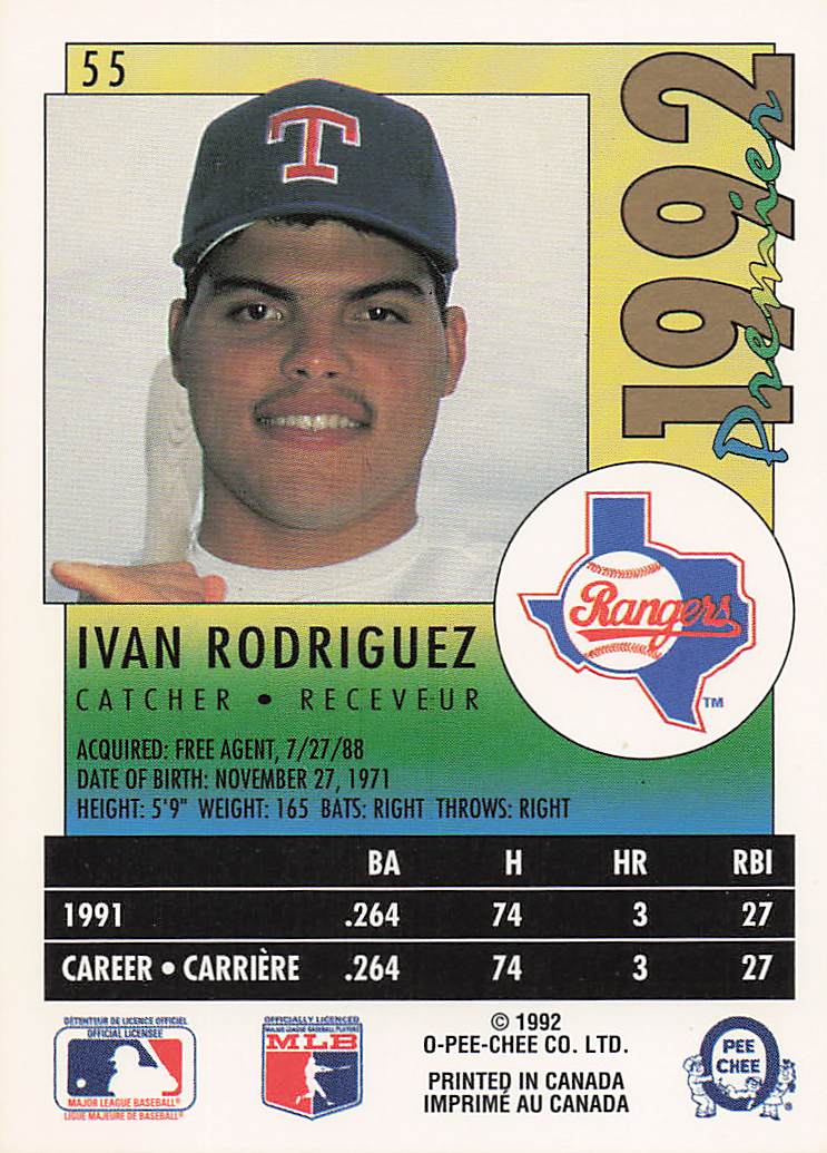 1992 O-Pee-Chee Premier Baseball Ivan Rodriguez #55