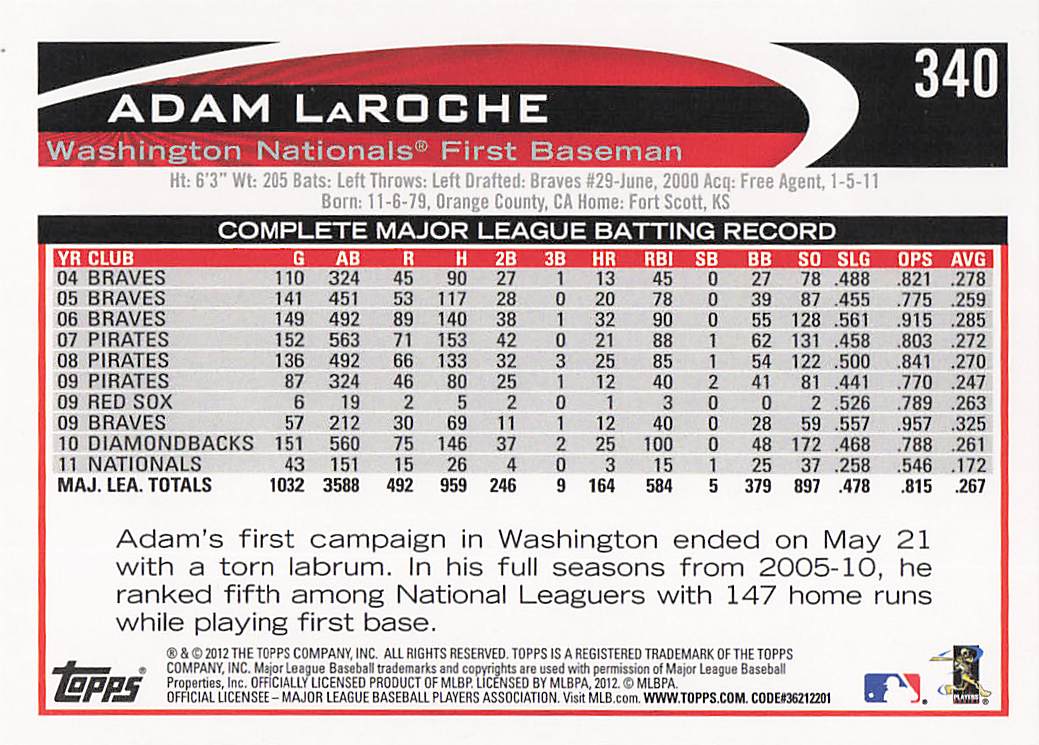 2012 Topps Baseball Adam LaRoche #340