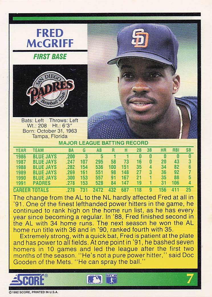 1992 Score Baseball Fred McGriff #7