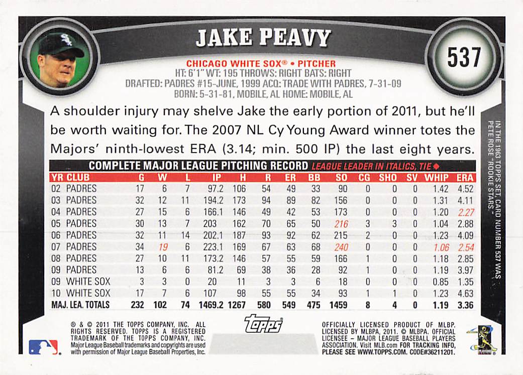 2011 Topps Baseball Jake Peavy #537