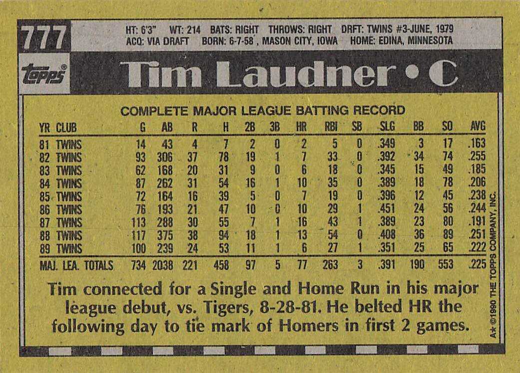 1990 Topps Baseball Tim Laudner #777