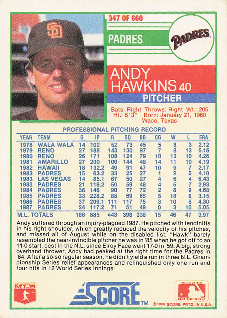 1988 Score Baseball Andy Hawkins #347