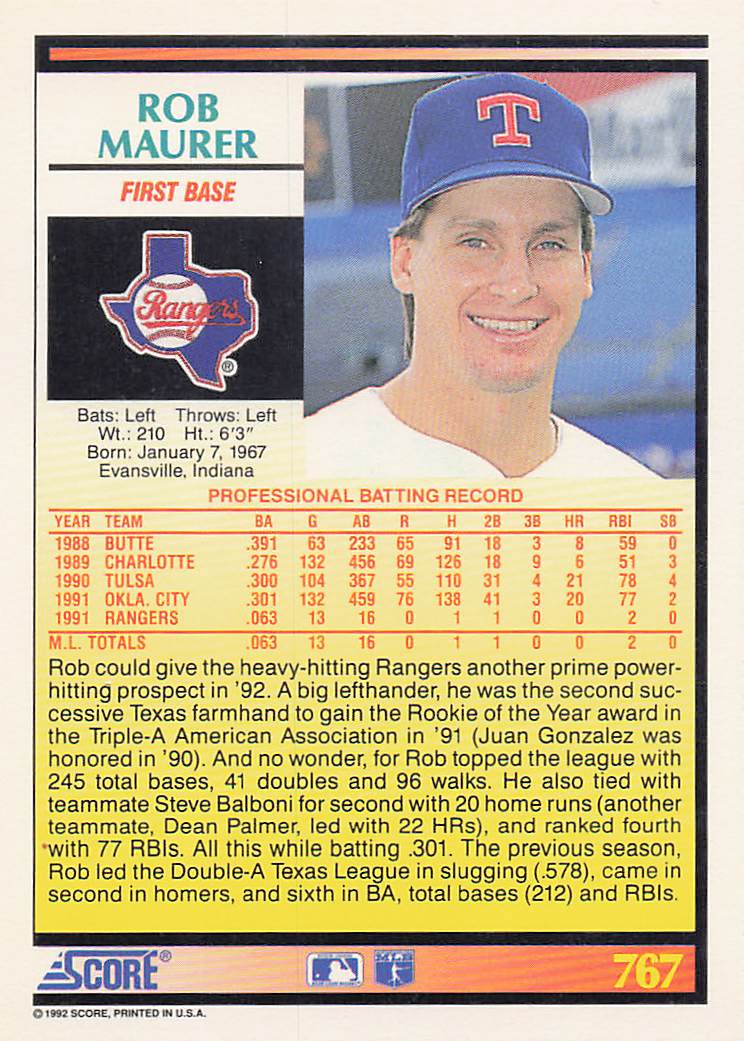 1992 Score Baseball Rob Maurer #767b Rookie