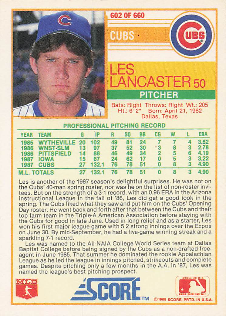 1988 Score Baseball Les Lancaster #602 Rookie