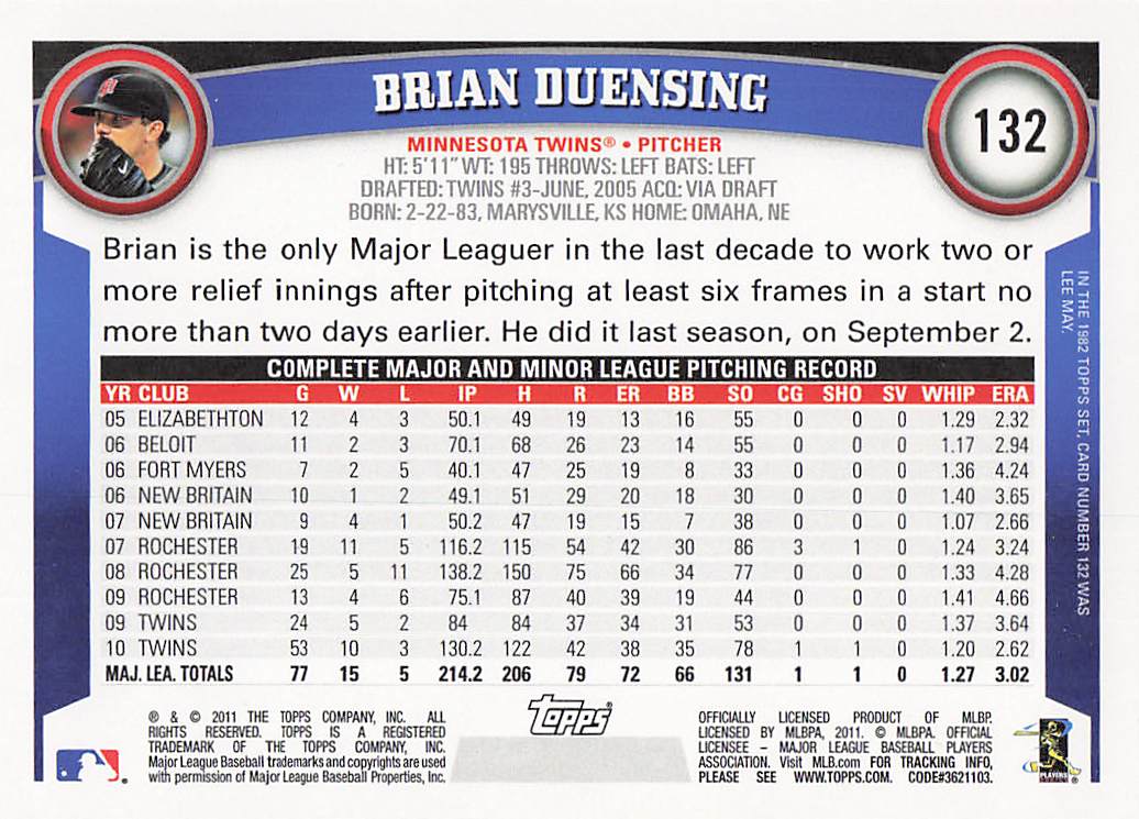 2011 Topps Baseball Brian Duensing #132