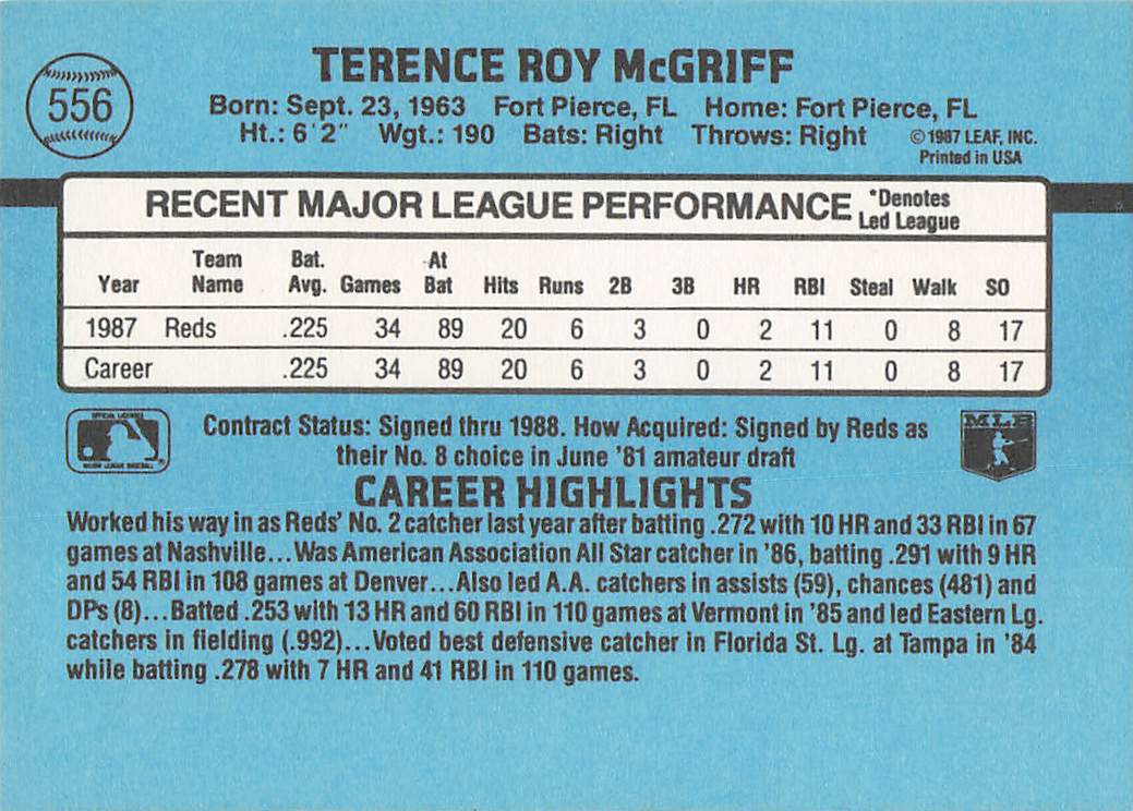 1988 Donruss Baseball Terry McGriff #556